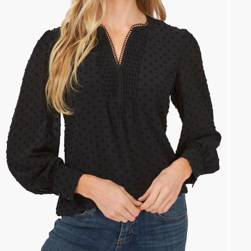 CeCe Black Textured Long Sleeve Top